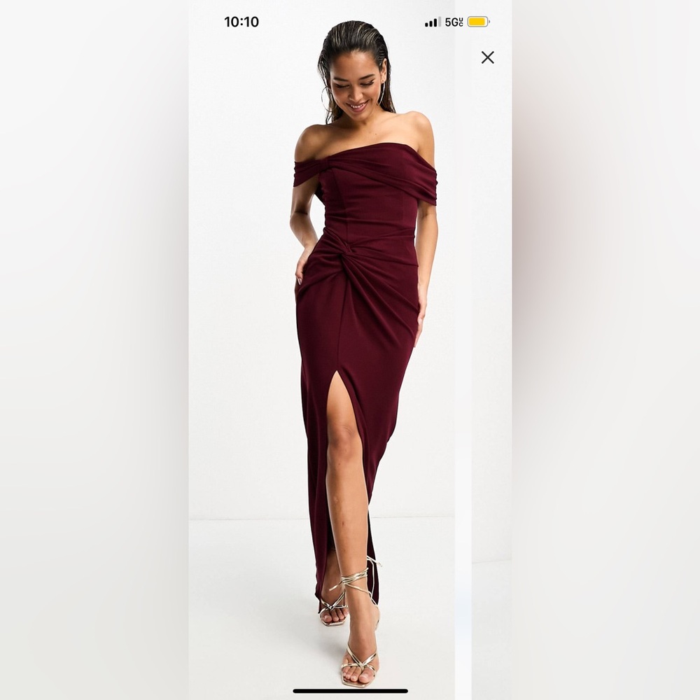 TFNC Bardot maxi dress with pleat in burgundy size 8